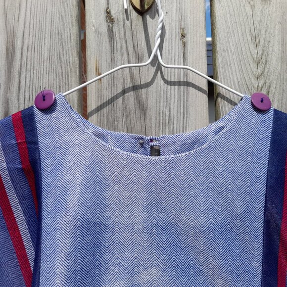 Vintage 70s Tunic Dress Kaftan 45"B Blue Red Stripes Dolman Sleeves - Picture 4 of 15